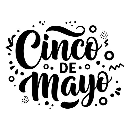 Bold, stylized lettering of "Cinco de Mayo" with decorative elements.  Suitable for advertising, greeting cards, apparel, or editorial related to Mexican culture or celebration.のイラスト素材