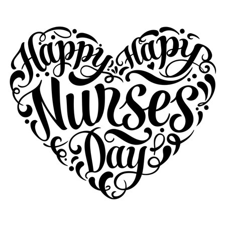 Heart-shaped typography design featuring "Happy Nurses Day" in stylized script font.  Ideal for advertising, greeting cards, or editorial content related to nursing.のイラスト素材