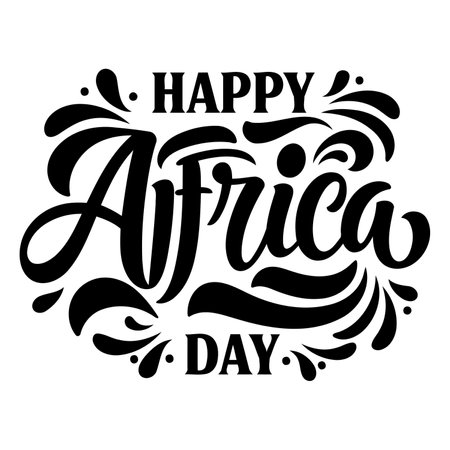 Bold, stylized lettering proclaims "Happy Africa Day" in a decorative, hand-drawn script.  Perfect for advertising, social media posts, or editorial pieces related to African culture or heritage.のイラスト素材