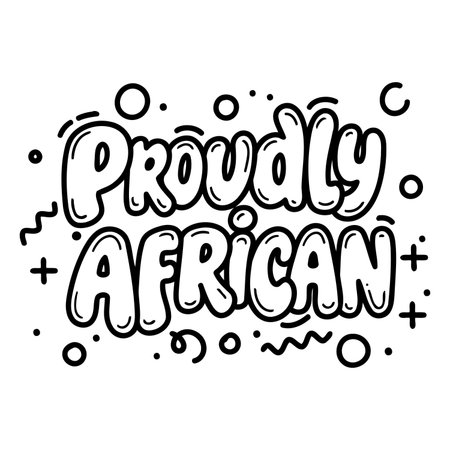 Bold, stylized lettering says "Proudly African" in a playful, cartoon-like font with textured, bubbled letters.  Suitable for advertising, social media posts, or editorial content related to African pride and culture.のイラスト素材