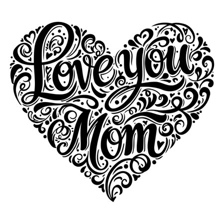 Decorative, heart-shaped graphic with "Love You Mom" lettering, perfect for Mother's Day, gifts, and marketing materials. Ideal for advertising and editorial uses.のイラスト素材