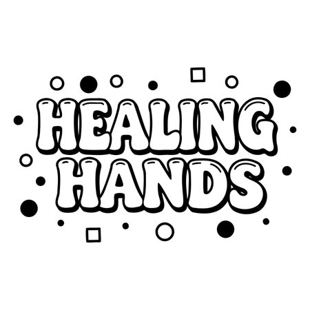 Bold, stylized lettering, "Healing Hands" in a bubble font.  Simple, graphic design with scattered geometric shapes and dots.  Suitable for health-related advertising, posters, or wellness-themed editorial pieces.のイラスト素材