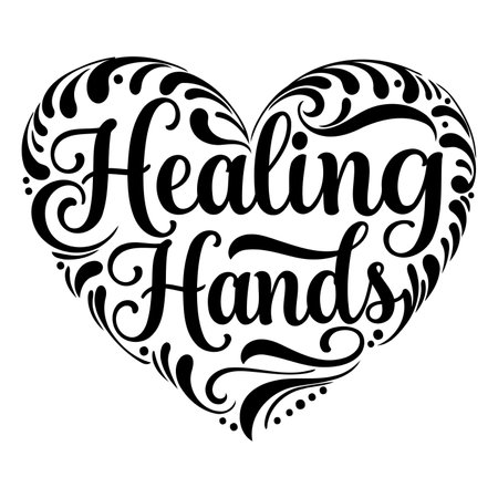 Heart-shaped graphic with "Healing Hands" in decorative script font.  Ornate design.  Suitable for advertising, social media, and print design.のイラスト素材