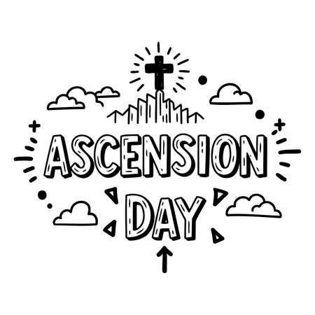 Hand-drawn, stylized graphic design featuring the text "Ascension Day" with religious imagery, perfect for religious calendars, posters, social media, and print marketing.のイラスト素材