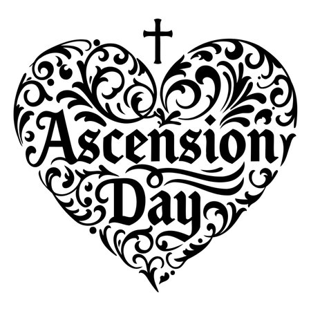 Ornate heart-shaped design featuring the text "Ascension Day" with decorative flourishes. Ideal for religious or historical themed marketing, or educational materials.のイラスト素材