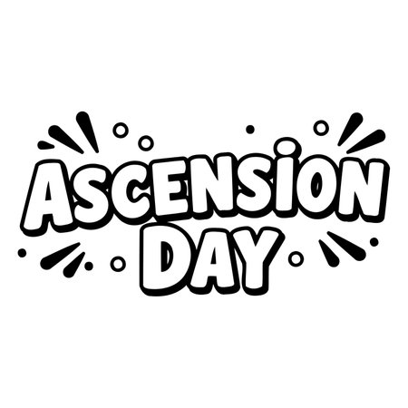 Bold, stylized text graphic of "Ascension Day" with comic-book-style effects and radiating, pop art-like bursts. Ideal for religious calendar, social media posts, or holiday-themed advertising.のイラスト素材
