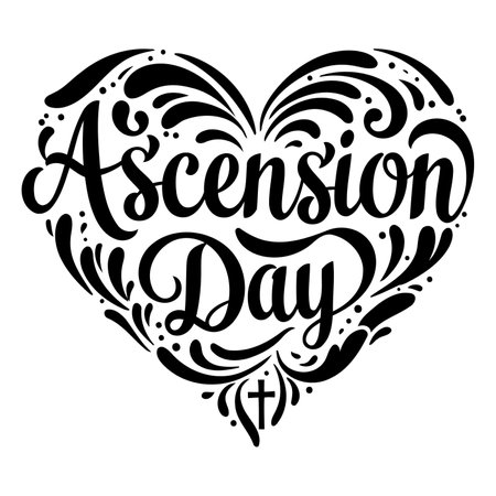 Heart-shaped typography design featuring "Ascension Day" in a decorative script style.  Ideal for religious advertising or editorial content related to Christian holidays.のイラスト素材