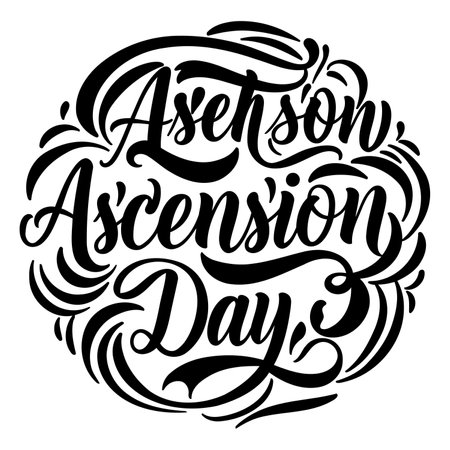 Bold, stylized lettering of "Ascension Day" in a circular design.  Ornate swirls and flourishes complement the text.  Suitable for religious advertising or editorial use.のイラスト素材