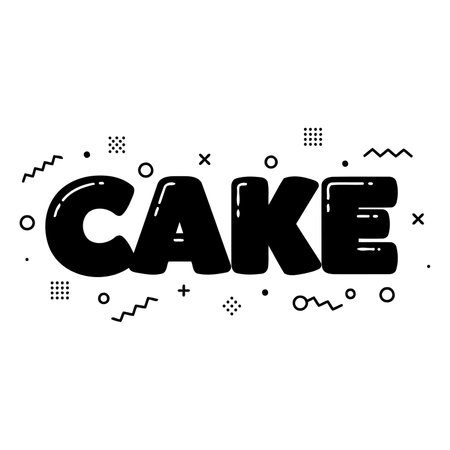 Stylish black and white graphic design with the word "Cake" in a bold, bubble-lettered style, set against a white backdrop with geometric patterns. Perfect for bakery or food-themed marketing or social media use.のイラスト素材