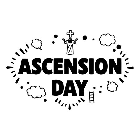 Bold, stylized lettering proclaims Ascension Day.  Simple, hand-drawn elements, like clouds and a ladder, add a playful touch to the religious theme.  Suitable for advertising, merchandise, and editorial content related to Christianity, holidays, and faith-based publications.のイラスト素材
