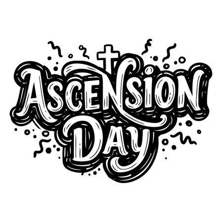 Bold, stylized lettering of "Ascension Day" with decorative flourishes and textured details.  Hand-drawn aesthetic.  Suitable for religious advertising, posters, or editorial pieces related to Christian holidays.のイラスト素材