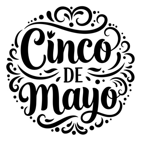 Elegant, stylized Cinco de Mayo lettering in a circular design with ornate flourishes.  Perfect for advertising or editorial content related to Mexican celebrations.のイラスト素材