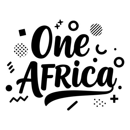 Bold, stylized typography featuring "One Africa" with a mix of geometric shapes and patterns.  Modern and impactful design suitable for advertising, social media graphics, or editorial use highlighting unity, Pan-Africanism, or African culture.のイラスト素材