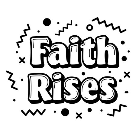 Bold, stylized typography featuring "Faith Rises."  Modern, graphic design with playful, outlined shapes.  Suitable for inspirational/faith-based advertising, social media, or editorial.のイラスト素材