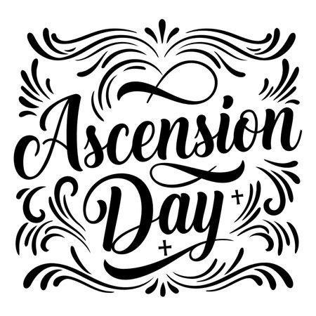 Bold, stylized lettering of "Ascension Day" framed by ornate, decorative flourishes.  Perfect for religious advertising or editorial content related to Christian holidays.のイラスト素材