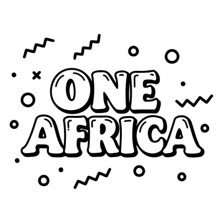 Bold, stylized text "ONE AFRICA" with a playful, graphic design aesthetic.  Suitable for advertising campaigns promoting unity, Pan-Africanism, or social movements.のイラスト素材