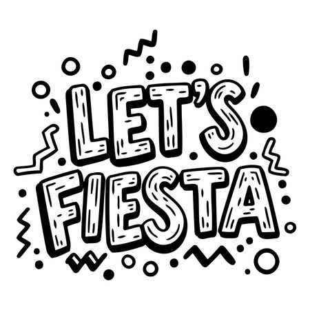 Bold, stylized lettering says "Let's Fiesta" with textured, playful font.  Modern, graphic design elements add a fun, festive feel.  Suitable for advertising, social media graphics, or editorial content relating to parties, celebrations, or Latin culture.のイラスト素材