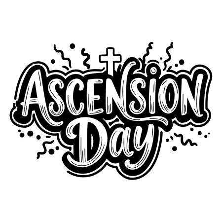 Bold, stylized lettering proclaiming Ascension Day.  Hand-drawn, decorative style with decorative elements like swirls and dots.  Suitable for religious advertising, posters, social media, and editorial content related to Christian holidays.のイラスト素材