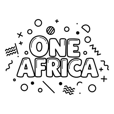 Bold, stylized graphic design of "ONE AFRICA" in a playful, modern typeface.  Surrounding elements include geometric shapes and graphic motifs, creating a trendy, positive vibe.  Excellent for advertising, social media graphics, or editorial pieces focused on unity, Africa, and international relations.のイラスト素材