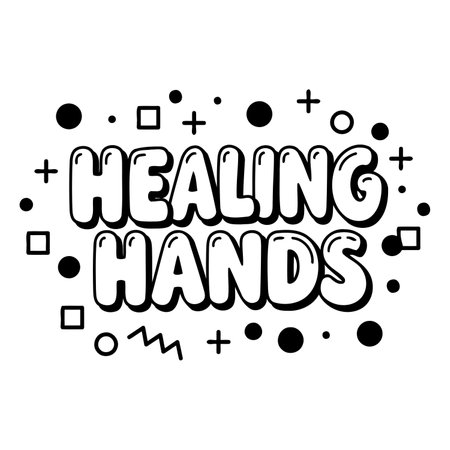 Bold, playful typography featuring "HEALING HANDS" in a 3D, bubble-letter style, accented by simple, graphic shapes and dots.  Suitable for health-related, wellness, or inspirational advertising, social media graphics, and editorial content focused on hope, compassion, or positive messages.のイラスト素材
