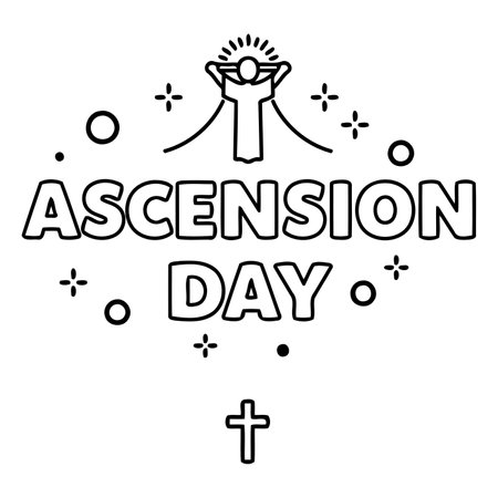 Simple line art graphic for Ascension Day.  Features stylized figure ascending,  bold text, and decorative elements. Ideal for religious advertising or editorial use.のイラスト素材