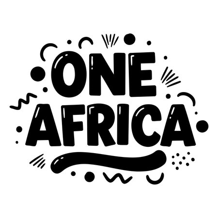 Bold, playful typography of "ONE AFRICA" with whimsical, graphic elements.  Perfect for promotional material, social media, or editorial content related to African unity or travel.のイラスト素材
