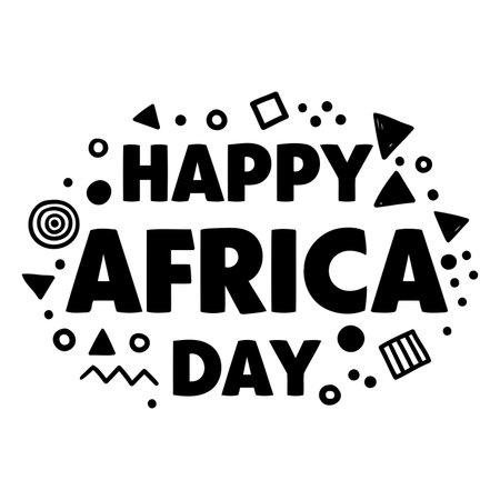 Bold, stylized text "Happy Africa Day" with playful, abstract shapes surrounding it.  Modern, graphic design ideal for African cultural events, educational resources, or inspirational posters.のイラスト素材