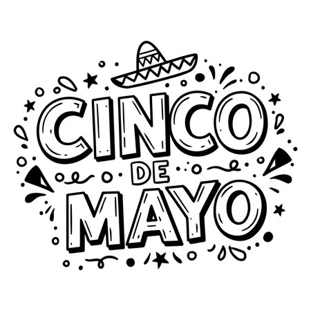 Bold, stylized lettering of "Cinco de Mayo" with decorative elements.  Hand-drawn, graphic design, suitable for advertising, party invitations, or social media.のイラスト素材