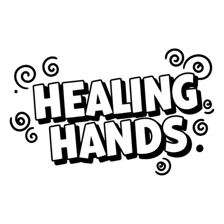 Bold, stylized text "HEALING HANDS" in a comic book/graphic novel style, with swirling, decorative elements.  Ideal for health, wellness, or medical-related advertising or editorial.のイラスト素材