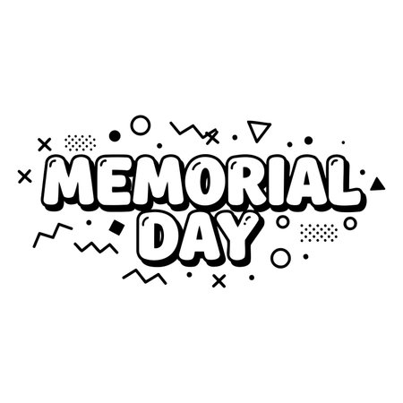 Bold, stylized graphic of Memorial Day, ideal for patriotic marketing or educational materials.  Features a comic-style font, geometric patterns, and a clean white background.のイラスト素材