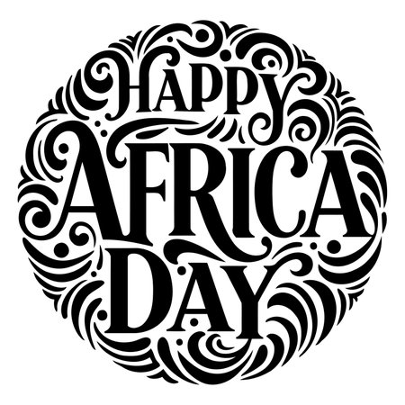 Ornate, decorative typography design for Happy Africa Day, perfect for celebratory marketing materials, social media posts, or educational resources.  Black text on white background.のイラスト素材