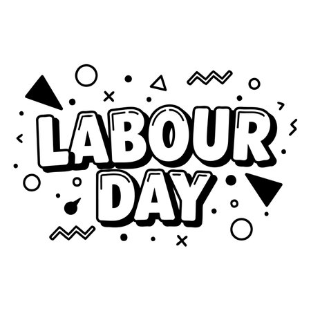 Bold, stylized Labor Day text with graphic elements suitable for advertising, posters, or social media graphics.  Black and white design.のイラスト素材