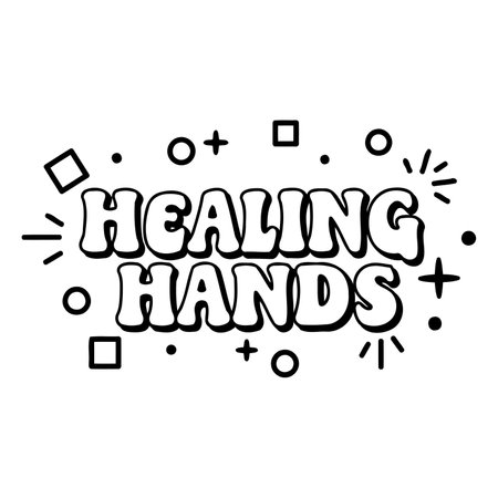Bold, retro-style graphic with "HEALING HANDS" in a 3D, rounded typeface.  Simple, playful design, ideal for motivational or wellness-related advertising/posters.のイラスト素材