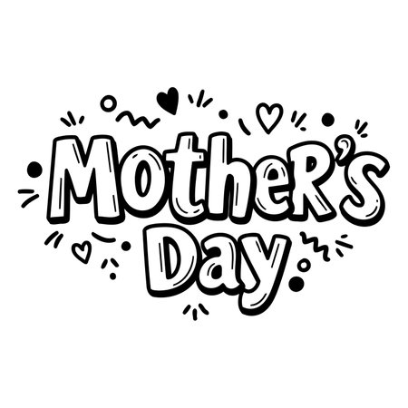 Black and white, whimsical Mother's Day graphic.  Bold text with doodle style decorative elements.  Suitable for advertising, social media, or print.のイラスト素材