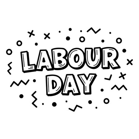 Bold, stylized graphic design of "Labour Day" with modern, playful elements; suitable for marketing campaigns, social media, or educational materials focusing on the holiday.のイラスト素材