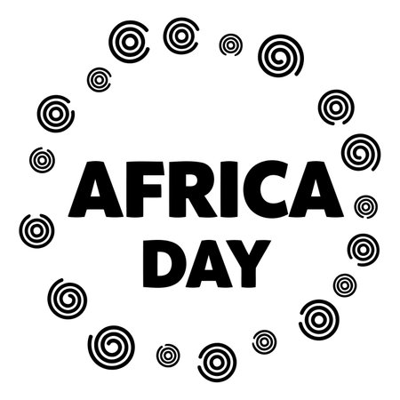 Bold text "AFRICA DAY" encircled by stylized spiral designs.  Modern, minimalist design suitable for advertising or editorial use related to Africa Day celebrations.のイラスト素材