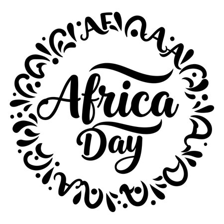 Black and white stylized graphic design of "Africa Day" within a decorative border. Ideal for marketing materials, social media posts, or educational resources.のイラスト素材