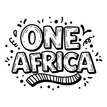 Bold, stylized lettering of "One Africa" with decorative elements.  Hand-drawn aesthetic, suitable for inspirational posters, social media graphics, or advertising campaigns related to Africa, unity, or travel.のイラスト素材