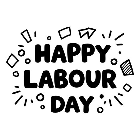 Bold, playful typography declares "Happy Labour Day" in a fun, childlike style, surrounded by simple, graphic shapes.  Excellent for celebratory advertising or editorial content related to labor day.のイラスト素材