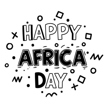 Bold, stylized lettering declares "Happy Africa Day" in a playful, graphic design.  Perfect for advertising or editorial content celebrating African heritage or awareness.のイラスト素材