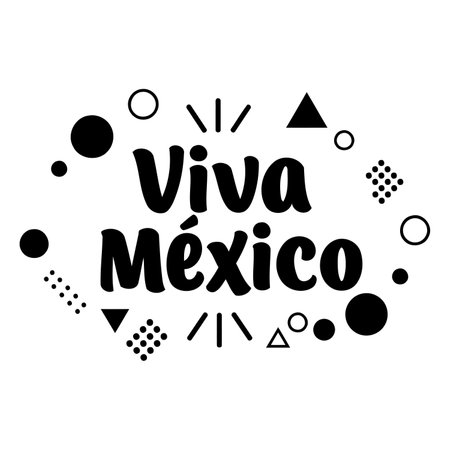 Bold, graphic design featuring the phrase "Viva Mexico" in a fun, modern typeface, surrounded by geometric shapes and dots. Perfect for promotional items or social media content, suitable for marketing or merchandise.のイラスト素材