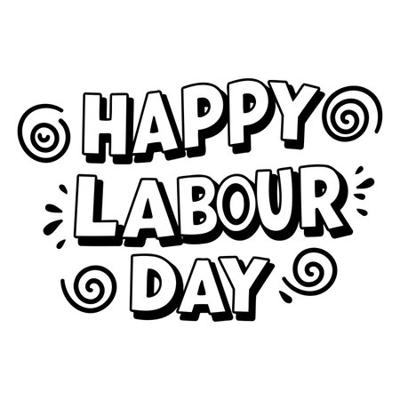 Bold, stylized typography with "Happy Labour Day" text.  Comic-book style lettering, accented with swirls and graphic elements. Ideal for celebrations, print design or social media.のイラスト素材