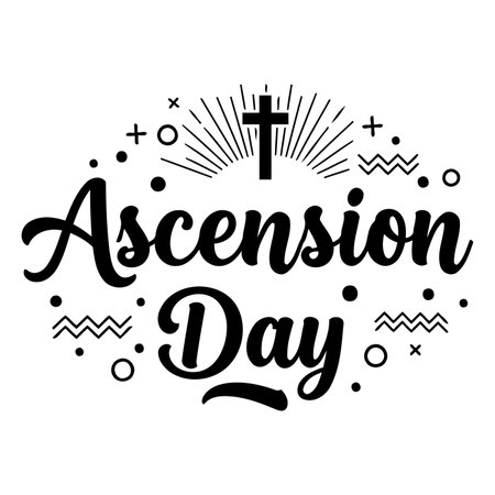 Bold, stylized typography celebrating Ascension Day.  Features a Christian cross and sunburst design elements.  Suitable for religious advertising, apparel design, or editorial content related to Christianity and holidays.のイラスト素材