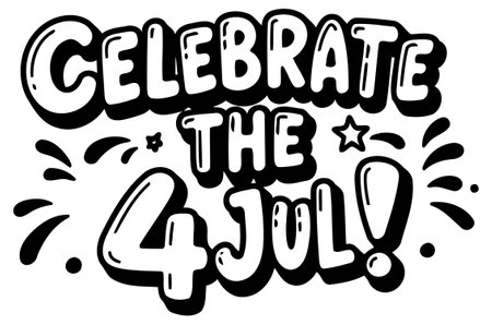 Bold. cartoon-style typography features words Celebrate the 4th of July with playful graphic elements. Suitable for holiday-themed designs and merchandise.のイラスト素材