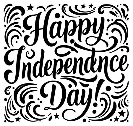 Stylish. black and white. decorative typography graphic design highlighting the words Happy Independence Day with detailed flourishes and decorative stars.のイラスト素材