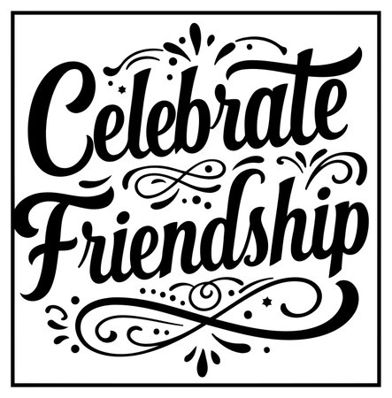 A stylish. black and white motivational graphic design for use on T-shirts. prints. and other media. featuring the phrase Celebrate Friendship with intricate flourishes and a simple layout.のイラスト素材
