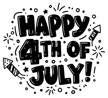Bold. playful typography featuring the words Happy 4th of July with accompanying firework and star graphic elements.のイラスト素材