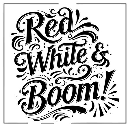 This stylized graphic features intricate lettering of the phrase Red White & Boom!  on a white background.のイラスト素材