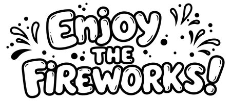 This graphic features bold. cartoon-style lettering of the words Enjoy the Fireworks! with stylized firework graphics. ideal for posters. t-shirts. or social media.のイラスト素材