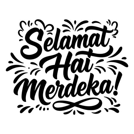 A bold, stylized graphic of the phrase Selamat Hari Merdeka! featuring decorative elements, perfect for celebratory social media posts, merchandise, or website banners.のイラスト素材